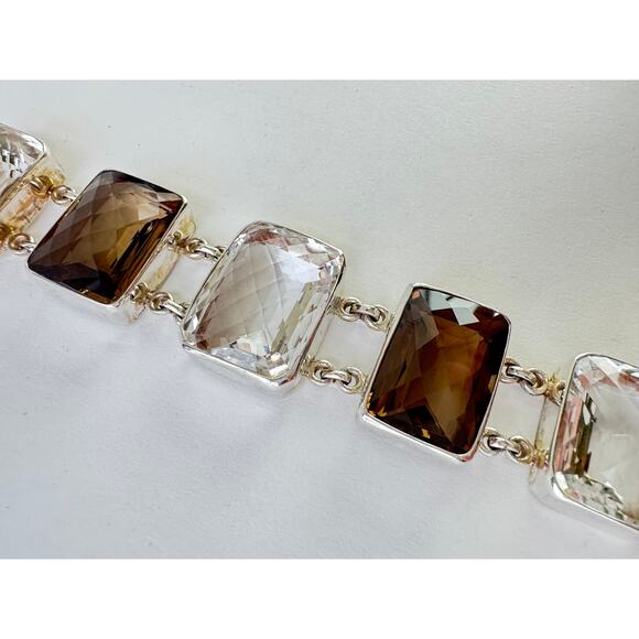 Smokey Quartz Clear Quartz Crystal Bracelet Chunky Handmade 925 Sterling Silver - Picture 2 of 8